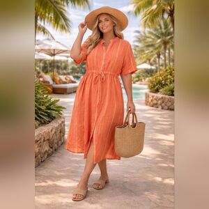Roolee Sunset Striped Button Dress 100% Cotton, Coastal Chic, Plus XXL